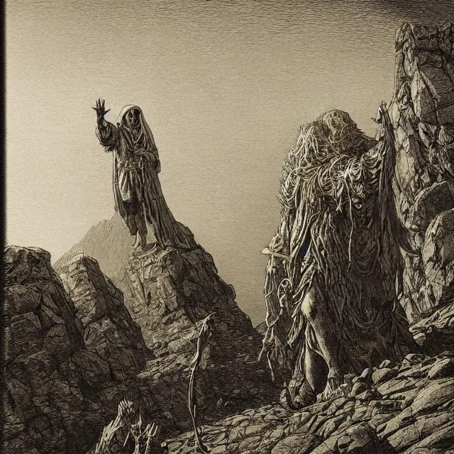 Image similar to etching by Franklin Booth and Gustav Doré showing frightened sorcerer in the desert by night, surrounded by nightmares in the shadows, mystic athmosphere, by Greg Rutkowski, deformed rocks, snakes, scorpions, UHD, 8K,