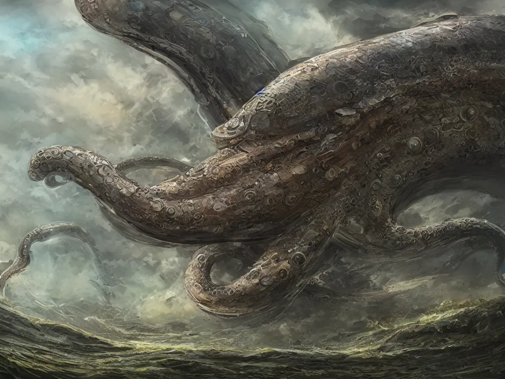 Image similar to a huge cephalopod rolling down the hill, digital painting, trending on artstation, deviantart, 8k, epic composition, intrinsic details, perfect coherence