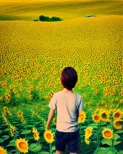 Prompt: boy standing on a hill looking down into the valley of sunflower fields, hills, cliffs, yellow sunflowers by beeple