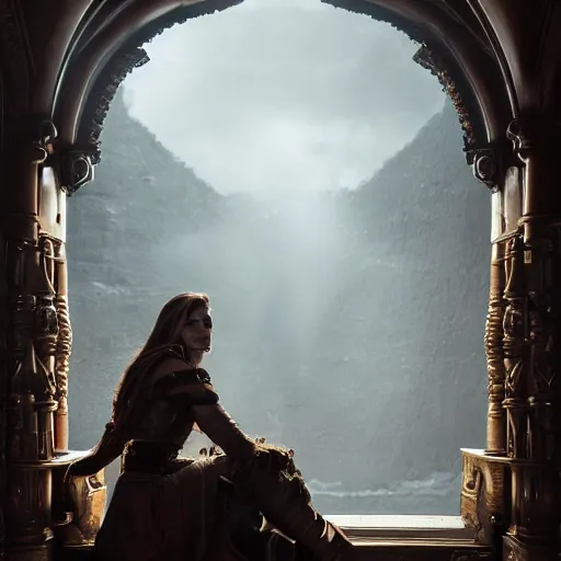 Prompt: the elder scrolls vi, charismatic regal brunette female jarl, portrait, throne room, atmospheric lighting, painted, intricate, volumetric lighting, beautiful, daytime, sunny weather, slight overcast, sharp focus, deep colours, ultra detailed, by leesha hannigan, ross tran, thierry doizon, kai carpenter, ignacio fernandez rios