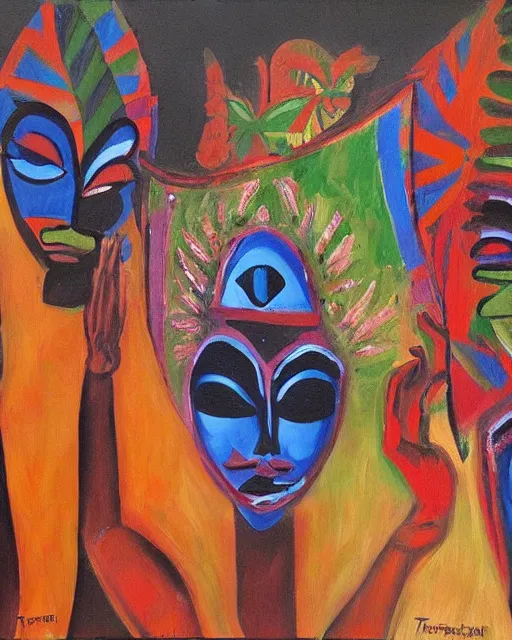 Image similar to Burkina Faso masquerade, painting by Toni Toscani, oil on canvas