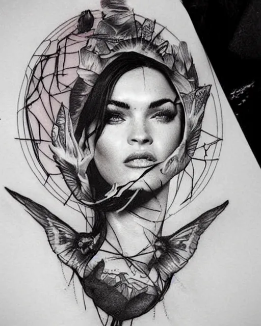 Prompt: double exposure tattoo design sketch of megan fox and beautiful mountains, surrealism tattoo, in the style of matteo pasqualin, amazing detail, sharp