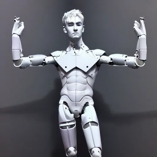 Image similar to “a realistic detailed photo of a guy who is an attractive humanoid who is half robot and half humanoid, who is a male android, twitch streamer Ninja Tyler Blevins, shiny skin, posing like a statue, blank stare, at the museum”