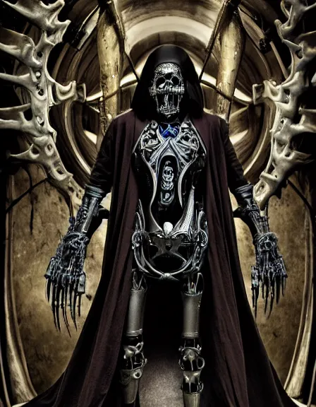 Image similar to still frame from Prometheus by Giger, lich king Dr doom in ornate bio cybernetic bone armour and skull mask helmet in bone chapel by Wayne Barlowe by peter Mohrbacher, dressed by Alexander McQueen and by Neri Oxman, metal couture hate couture editorial