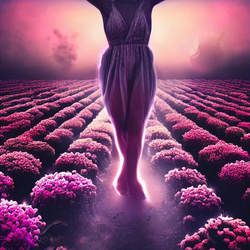 Image similar to A picture of a planet of various flowers, fungus and plants, in which the human figure is dressed in something magical and impressive, inside the picture is infinity, sunset light, Atmospheric phenomenon, artistic photography, muted colors, conceptual