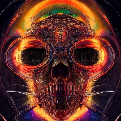 Image similar to portrait of a fantasycore glitchcore skull in a helmet. intricate abstract. intricate artwork. celestial. immaculate, by dan seagrave, beeple, dan mumford. octane render, CGSociety very coherent symmetrical artwork. cinematic, hyper realism, high detail, octane render, 8k, iridescent accents
