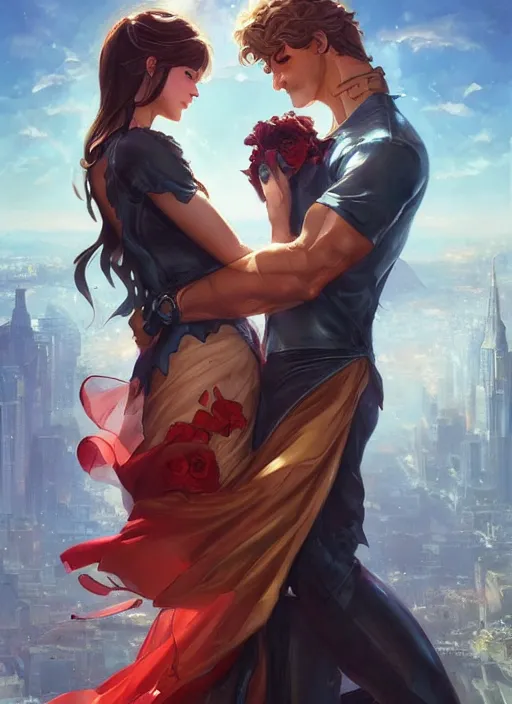 Prompt: cheesy romance novel cover by artgerm and greg rutkowski and magali villanueve