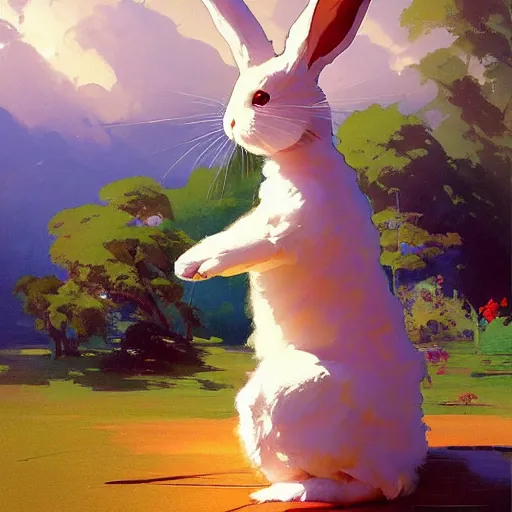 Prompt: a lop rabbit, standing up, by studio ghibli painting, by Susan Windsor, by Joaquin Sorolla rhads Leyendecker, An aesthetically pleasing, dynamic, energetic, lively, well-designed digital art, by Ohara Koson and Thomas Kinkade, traditional Japanese colors, superior quality, masterpiece