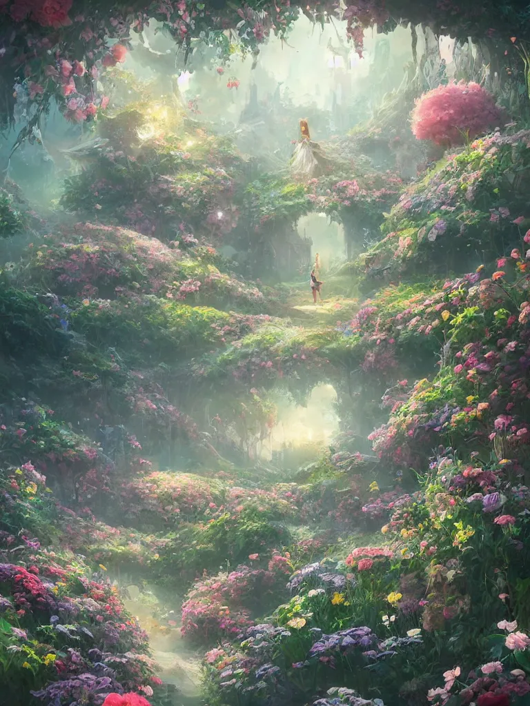 Image similar to a dream flower garden environment where one draws mystical energy into their lives, background art, pristine concept art, small, medium and large design elements, in the style of WLOP and Ross Tran