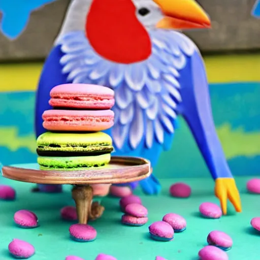 Image similar to A blue jay standing on a large basket of rainbow macarons.