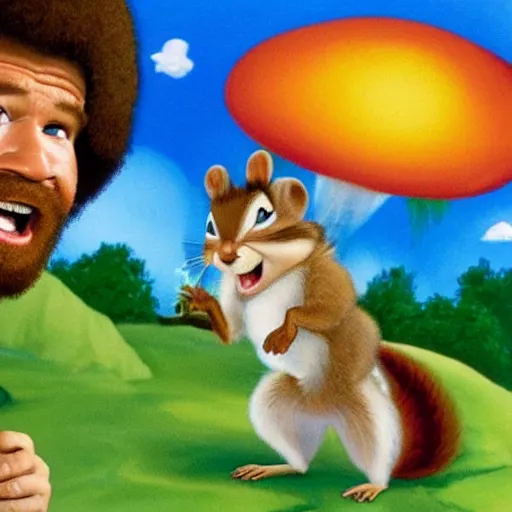 Image similar to bob ross screaming at chipmunks