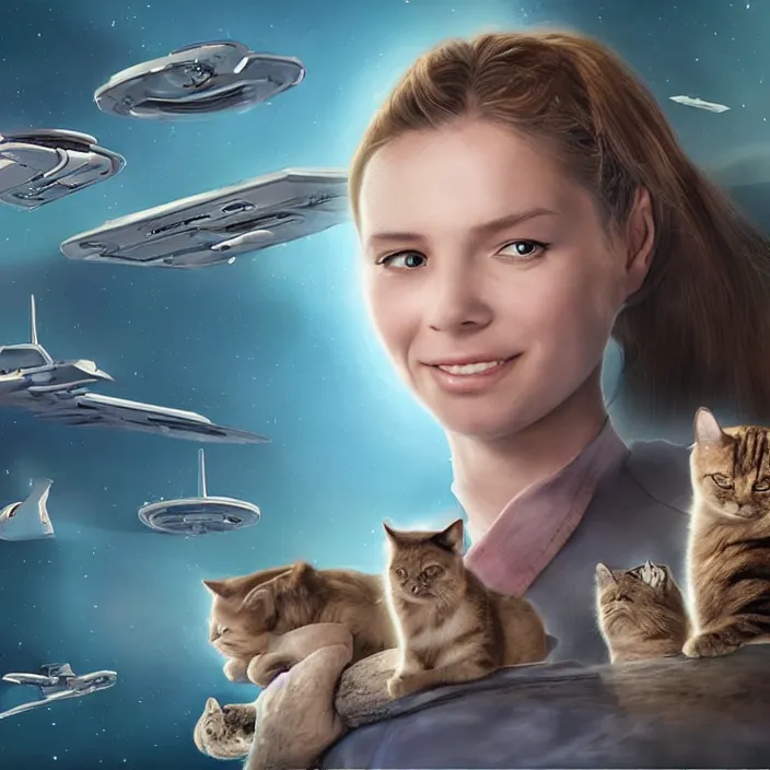 Prompt: the face of a beautiful girl from the future, surrounded by cats, flies in a spaceship, detailed, concept matte painting