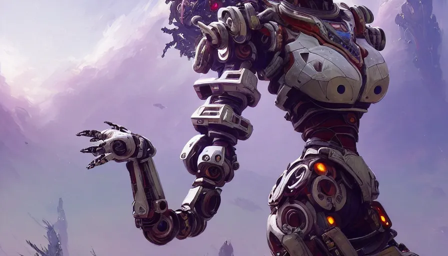 Image similar to a warrior robot astronaut, floral! looks like a machine from horizon zero dawn designed by zaha hadid, posing for a fight intricate, elegant, highly detailed, digital painting, establishing shot, an epic fantasy, artstation, concept art, smooth, sharp focus, illustration, art by artgerm and greg rutkowski and alphonse mucha, 8 k