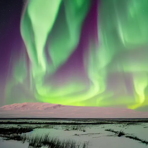 Prompt: aurora borealis, northern light, sky, hasselblad, titan moon surface view,