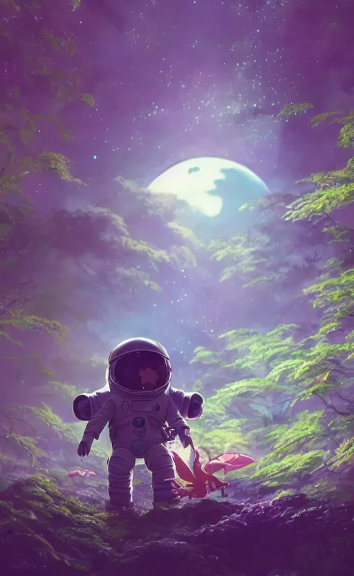 Image similar to a still of a cute adorable tiny astronaut, on a planet of lush foliage, with an enormous kaiju dragon surrounding, magical forest, sharp focus, neon backlit, highly detailed, disney pixar studio ghibli makoto shinkai, digital painting, matte, octane render, global illumination, iridescent, anime, 8 k concept art