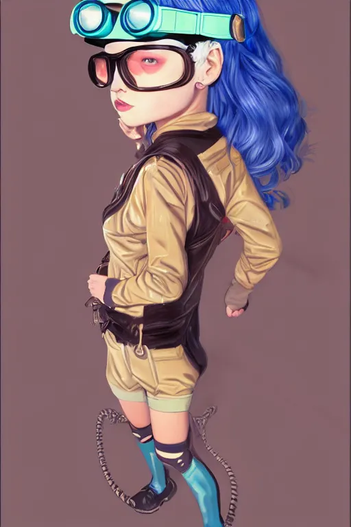 Image similar to portrait painting of a teenage girl with swept back wild blue hair, fashionable, windy, steampunk, reflective goggles, smirking, full body, flat color solid background color, sharp focus, award - winning, cinematic pose, cinematic lighting, trending on artstation, masterpiece, highly detailed, intricate. art by josan gonzales and moebius and deathburger