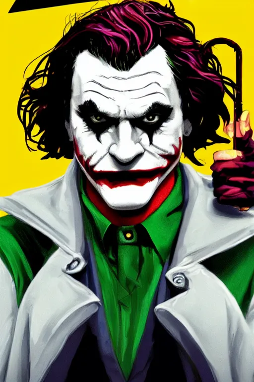 Prompt: joaquin phoenix as joker, comic book cover, issues 2 0, by dc comics, justify content center, delete duplicate object content!, violet polsangi pop art, gta chinatown wars art style, bioshock infinite art style, incrinate, realistic anatomy, hyperrealistic, 2 color, white frame, content balance proportion
