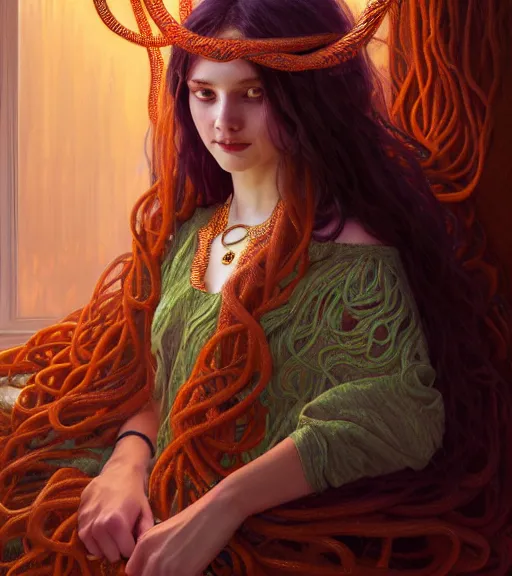 Prompt: portrait of teenage medusa, snake hair, naughty smile, wearing an embroidered orange tunic, intricate, elegant, copper and emerald jewelry, glowing lights, seductive. highly detailed, digital painting, artstation, concept art, smooth, sharp focus, illustration, art by wlop, sensual, mucha, artgerm, and greg rutkowski