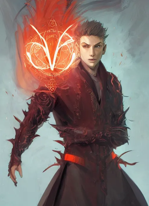 Prompt: character concept portrait of a handsome young warlock with pale white skin and buzzed short spiky hairstyle casting a dark magic spell with red and orange glowing runes, a floating iridescent spell book, intricate, elegant, digital painting, concept art, smooth, sharp focus, illustration, from Metal Gear, by Ruan Jia and Mandy Jurgens and Artgerm and William-Adolphe Bouguereau