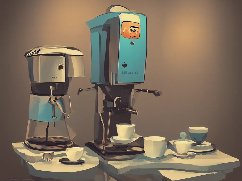 Image similar to coffee machine, by pixar, serene illustration, fresh colors, conceptart, trending on artstation