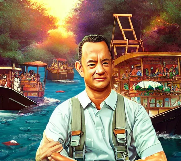 Image similar to Tom hanks as forrest gump sitting in a giant shrimp boat, majestic beautiful world, digital art, amazing detail, artstation, in the style of hayao miyazaki