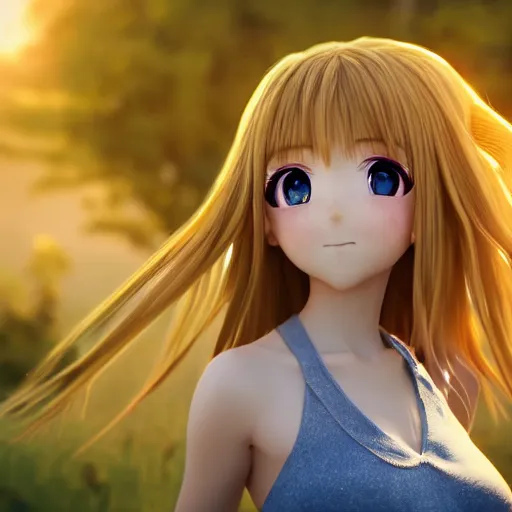 Image similar to Render of a very beautiful 3d anime girl, long hair, hazel eyes, cute freckles, full round face, short smile, cute sundress, golden hour, serene mountain setting, medium shot, mid-shot, highly detailed, trending on Artstation, Unreal Engine 4k