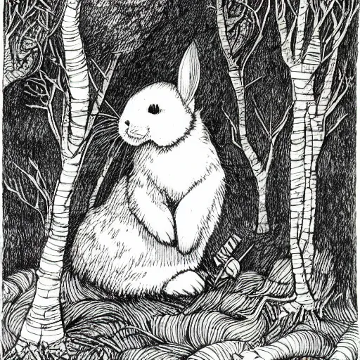 Image similar to a pen and ink drawing of a white rabbit smoking a cigarette while reclining in a deep dark tangled forest, a lingering smoke cloud, childrens book illustration, by edward gorey, by gustav dore