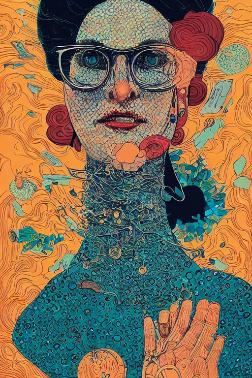 Image similar to portrait of mad lady scientist, stylized illustration by victo ngai, colorful comics style,