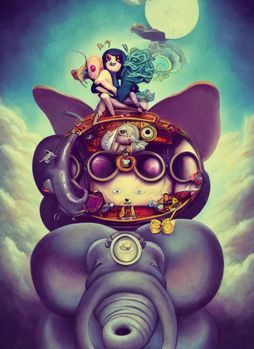 Prompt: pop surrealism, lowbrow art, psychic tandem flying war elephant, adventure time, natalie shau, loreta lux, tom bagshaw, mark ryden, trevor brown style,