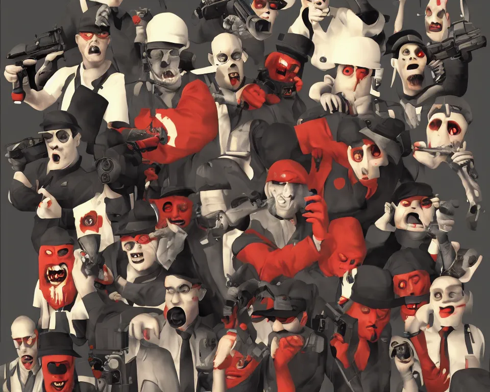 Image similar to a horror movie poster featuring Team Fortress 2 characters