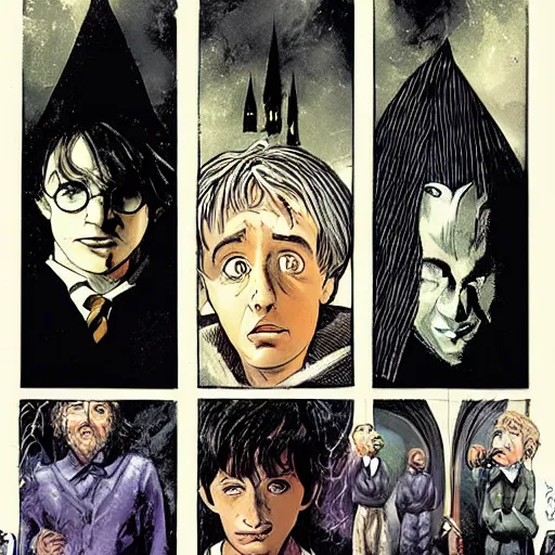 Prompt: in one frame Harry Potter, by Neil Gaiman, by Dave McKean, comics Sandman, small details, whole-length, clear faces