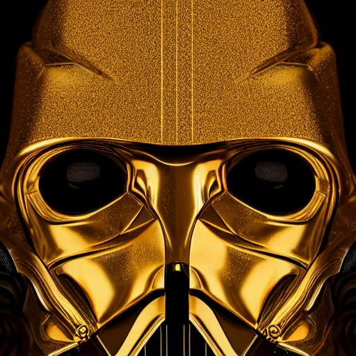 Prompt: close - up photo of gold darth vader hybrid, star wars movie, compound eyes, symmetrical front face portrait, high quality, high resolution, octane unreal 5 realphoto raytrace render, intricate, hyper detailed, hard light, black flat background