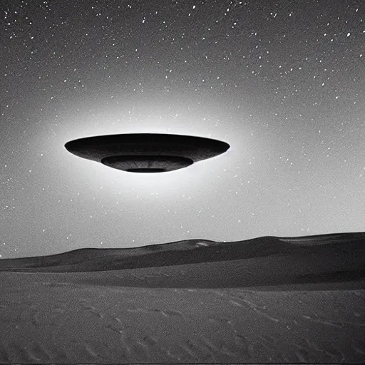 Image similar to ufo flying over the desert at night, old picture, flying saucer!!,