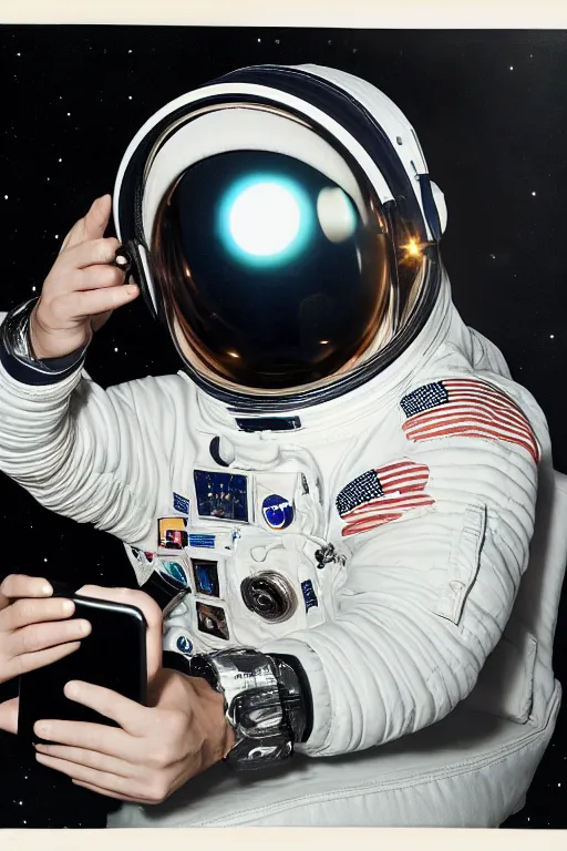 Image similar to extremely detailed studio portrait of space astronaut taking a selfie, holds a smart phone in one hand, phone!! held up to visor, reflection of phone in visor, moon, extreme close shot, soft light, golden glow, award winning photo by george hurrell