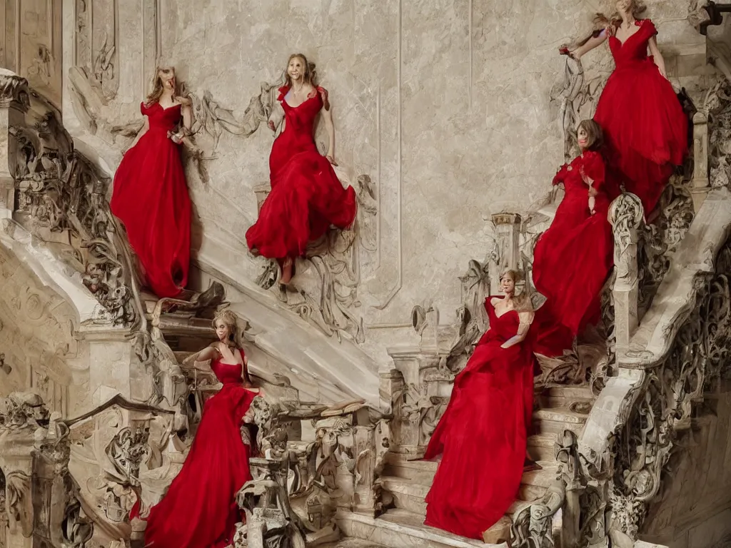 Image similar to An impressive castle entrance, a beautiful woman wearing a red dress, coming down the stairs, sided by two fierce Dobermans, art directed by Martin de Thurah and shot by Kasper Tuxen