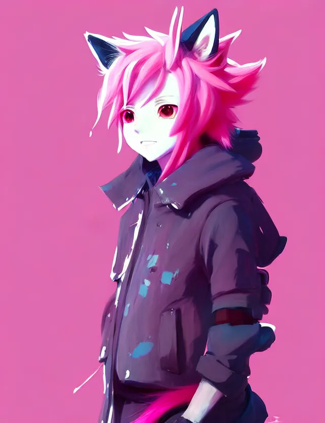 Image similar to portrait of a cute anime boy with pink hair and pink wolf ears and pink wolf tail wearing stylish clothes | | highly detailed digital art painting by ruan jia, cory loftis, jeremy mann. artstation, pinterest, volumetric lighting, subsurface scattering, photorealistic, octane render, random artists