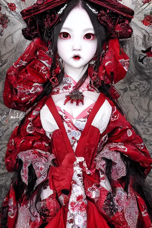 Prompt: high angle photo an avant - garde japanese bjd geisha vampire queen in a victorian lolita fashion red dress in the style of lovecraftian horror painted by yoshitaka amano, takato yamamoto, ayami kojima, dmt art, symmetrical vogue face portrait, intricate detail, artstation, cgsociety, artgerm, rococo