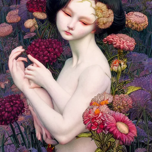 Image similar to white cat girl, botanical, portrait face, colorful, frantisek kupka, intricate, miles johnston, kuroda seiki, cynical realism, ozabu, john william godward, painterly, yoshitaka amano, moebius, miles johnston, louise zhang, james jean, mark ryden lowbrow pop surrealism art style