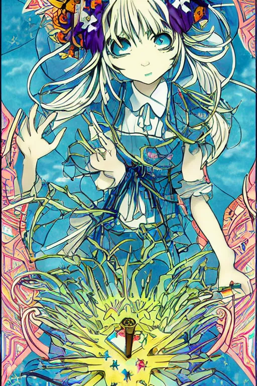 Image similar to cirno, touhou project, official artwork, intricate, amazing line work, colorful, tarot cards, the devil tarot card