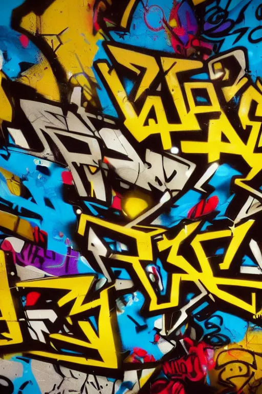 Image similar to extreme graffiti tag mural maximalism, yellow, brown, black and cyan color scheme, octane render