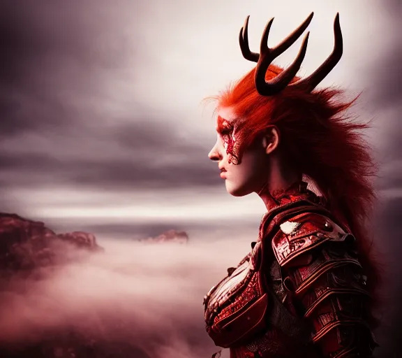 Image similar to a portrait photo of an armored woman warrior redhead with antlers sitting on the edge of a giant red cap mushroom that covers a whole town and reaches above the clouds by luis royo. intricate. lifelike. soft light. sony a 7 r iv 5 5 mm. cinematic post - processing