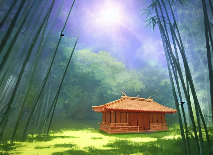 Image similar to deep in a japanese bamboo forest, small wooden house in distance, sunny, cartoony, sketched, mid day, realistic lighting, light rays, by ghibli studio, arcane, wild rift, trending on artstation, 4 k, hd