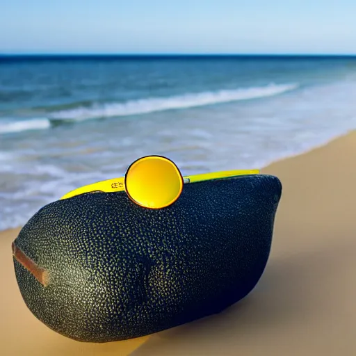 Prompt: a lemon wearing sunglasses, at the beach