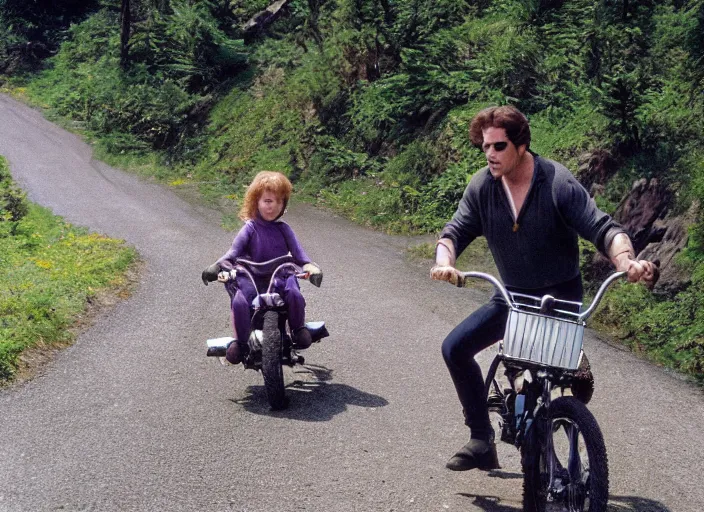 Image similar to film still of thanos riding a small childrens bike down a steep mountain road in the goonies 1 9 8 5