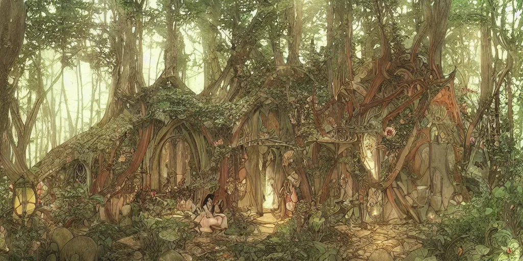 Image similar to an elvish Fairy house in the Woods, fantasy, art nouveau, daylight, warm light, spring, studio ghibli, Moebius, alphonse mucha, siya oum, ultra detailed, High definition, Sharp, artstation