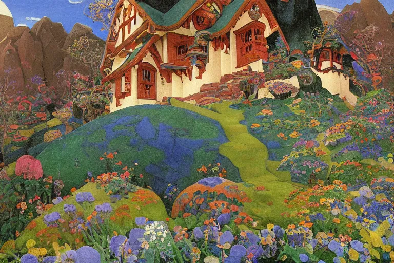 Image similar to the enchanted cottage and gardens of a wise woman on a mountaintop, dramatic cinematic lighting, folk-art carved painted wood house, rich colors, by Nicholas Roerich and William Dyce and ford madox brown and April Gornik and Caspar David Friedrich and Diego Rivera and Tyler Edlin and Ivan Bilibin