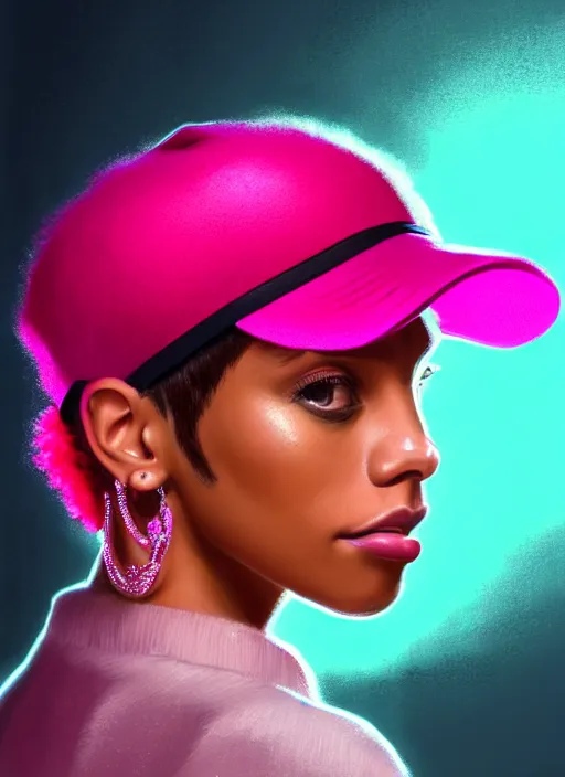 Image similar to portrait of teenage vanessa morgan with bright pink hair, black girl, vanessa morgan, curly pixie cut hair, wearing newsboy cap, newsboy cap, hoop earrings, intricate, elegant, glowing lights, highly detailed, digital painting, artstation, concept art, smooth, sharp focus, illustration, art by wlop, mars ravelo and greg rutkowski