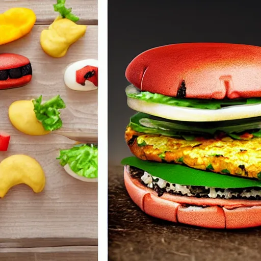 Image similar to an real life of crabby patty in table, real photo, photorealistic, food photography