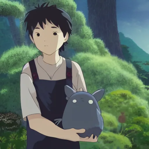 Prompt: friendly guy with Fragile looking portrait face with a small creature made by Studio Ghibli highly detailed art, beautiful scene, sharp focus, smooth, 8k, anime art