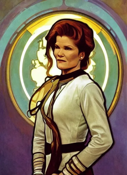 Image similar to captain janeway from star trek voyager, a still from star trek voyager painted by alphonse mucha. clear highly detailed face, beautiful sci fi art